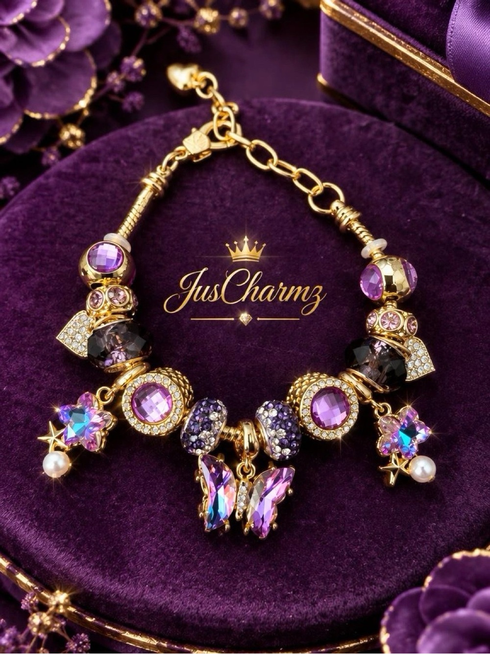 Purple & Gold Floral & Crystal Charm Bracelet